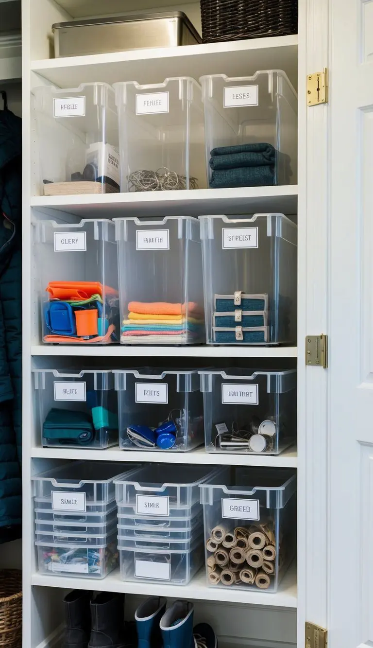 Clear acrylic bins neatly organized on shelves in a mudroom, each labeled for sorting smaller items