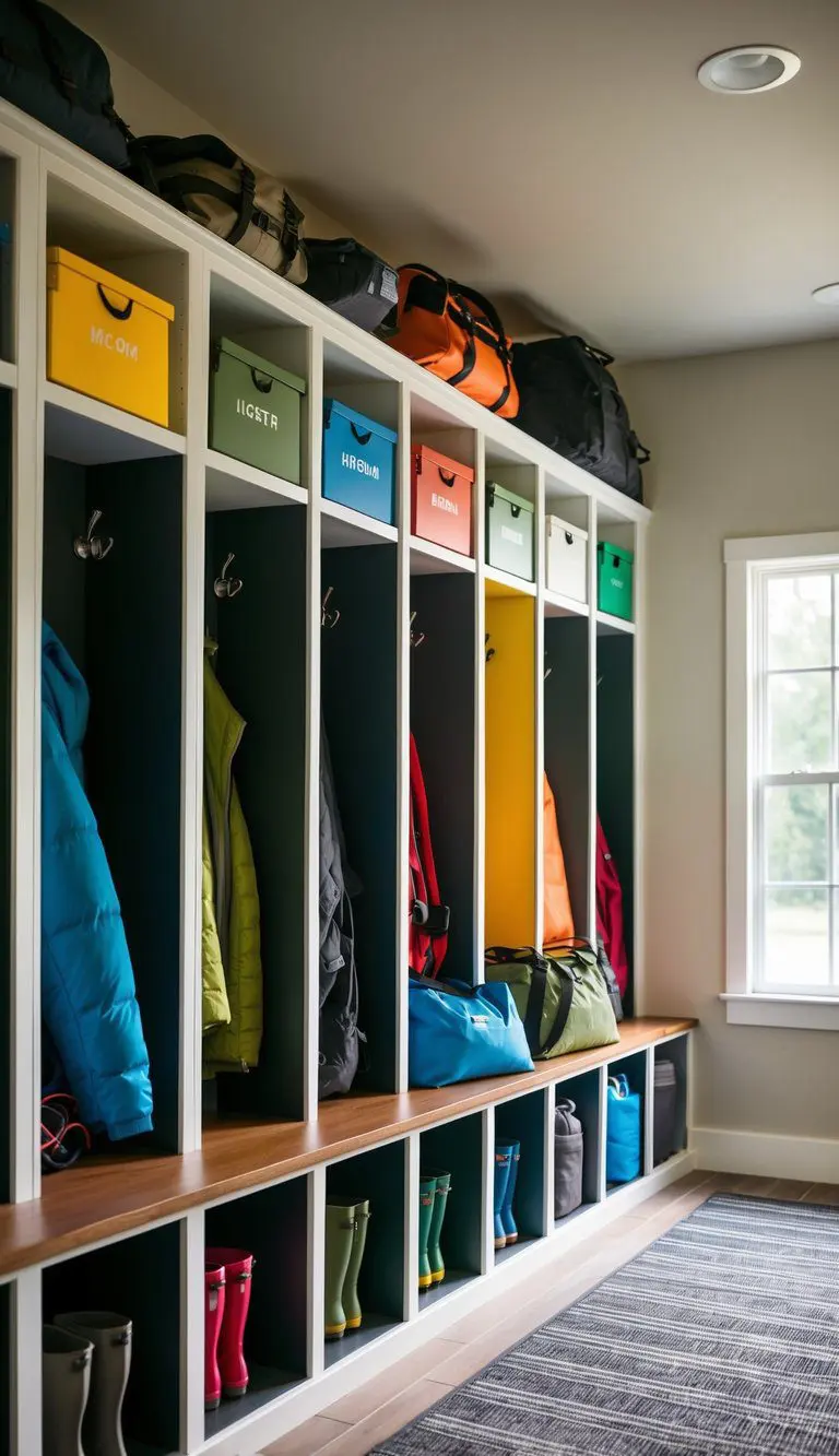 A row of mudroom lockers with various designs and colors, organized and functional for storing outdoor gear and accessories