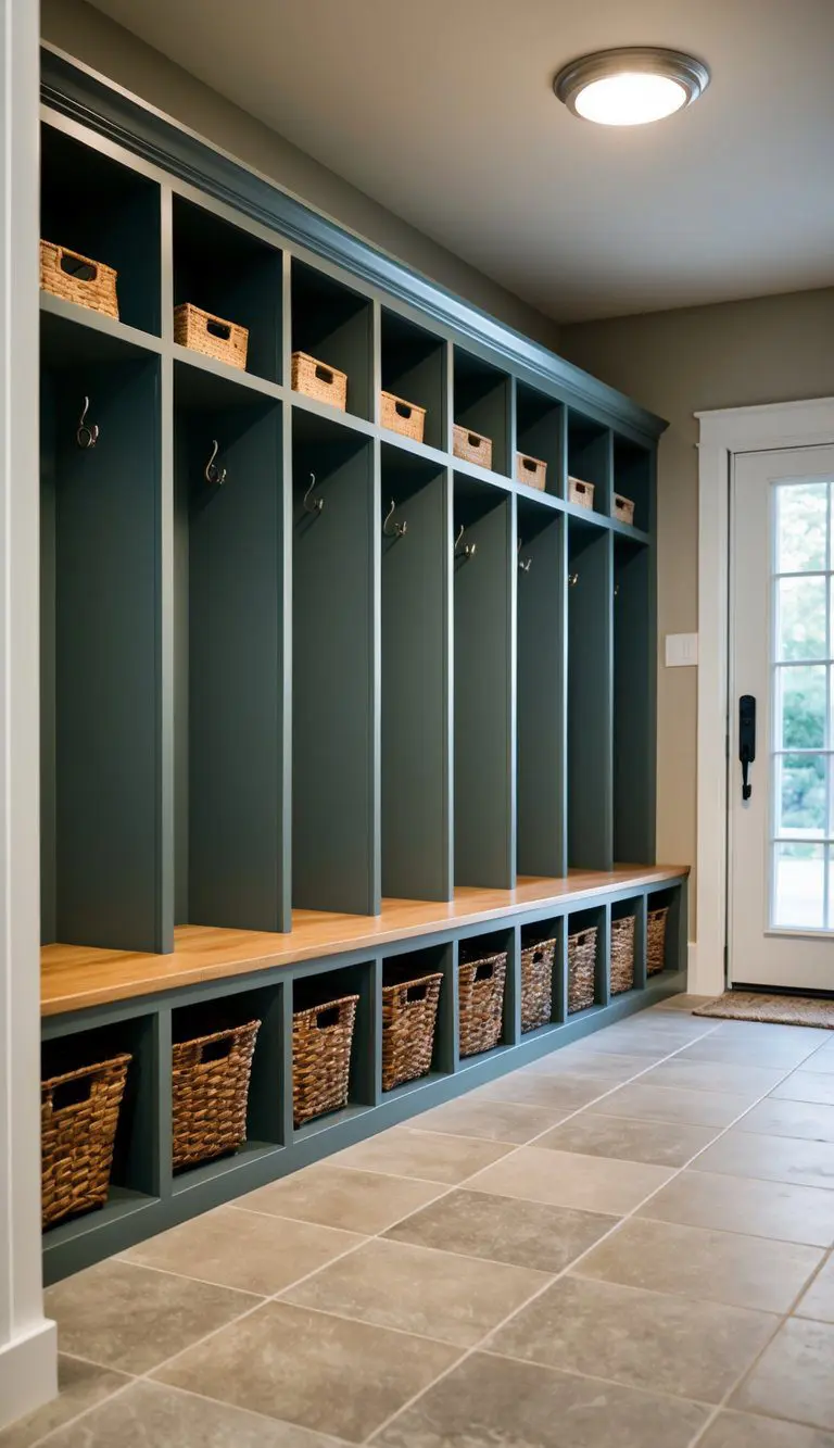 A row of custom-built lockers in a mudroom, each with shelves, hooks, and baskets for organization