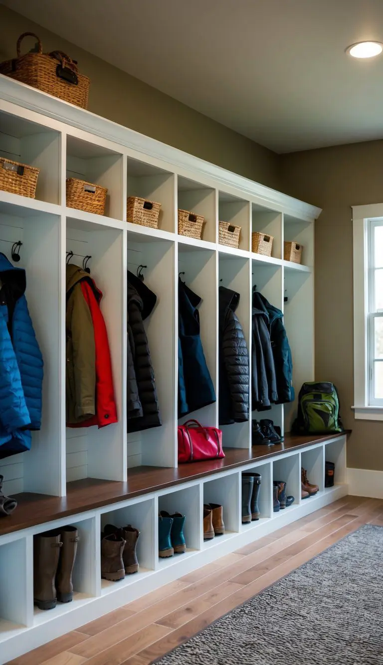 A row of freestanding mudroom cabinets with individual lockers, each with a designated space for coats, shoes, and other outdoor gear