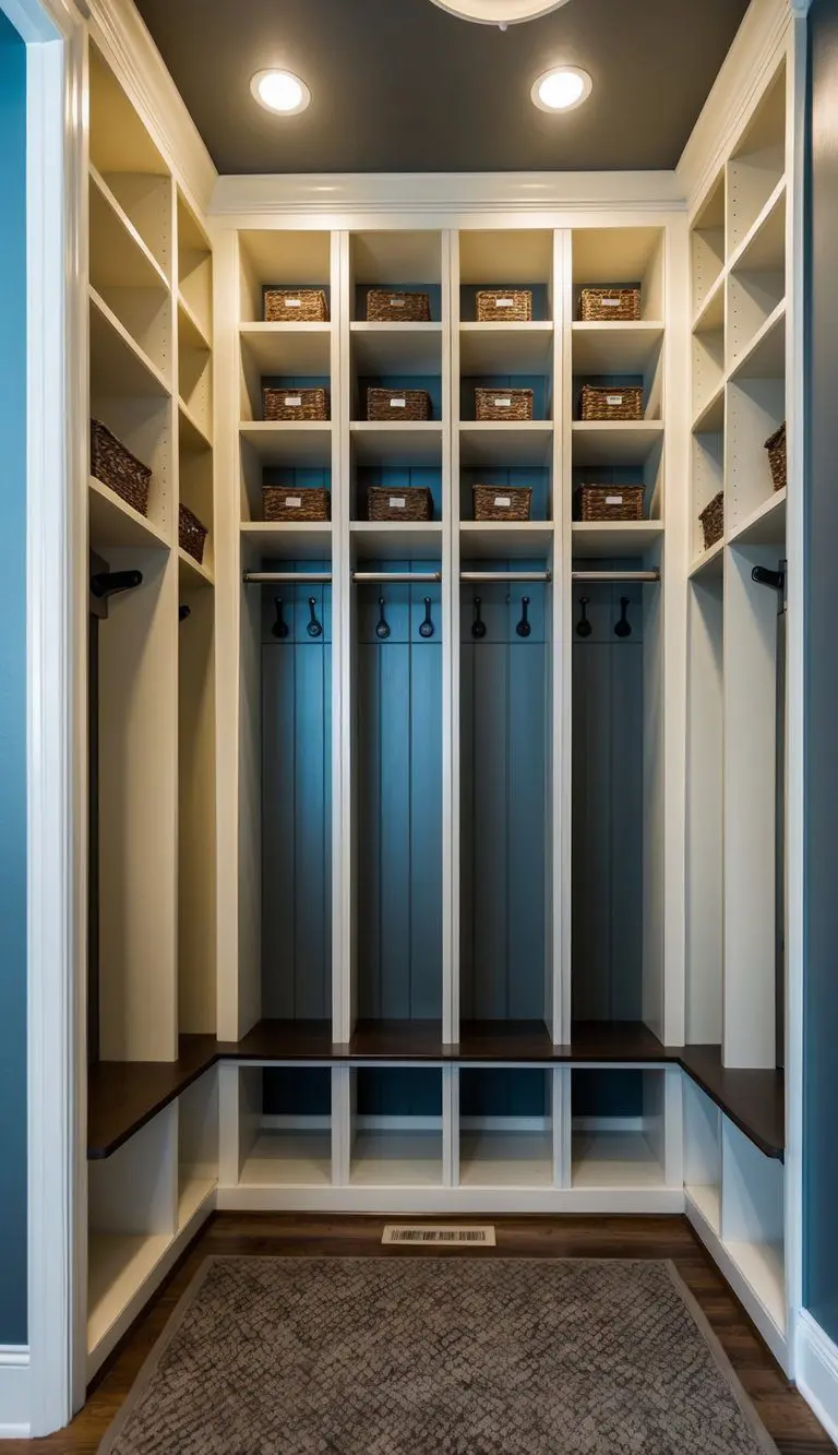 Open shelving units with 10 mudroom lockers, each with a designated space for storage and organization