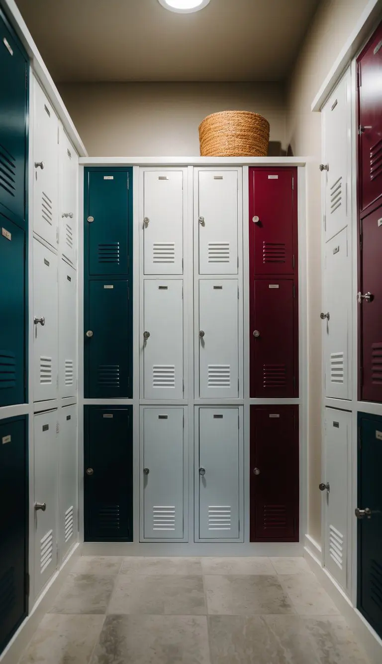 Ten individual storage lockers arranged in a mudroom, each with a unique design and color scheme