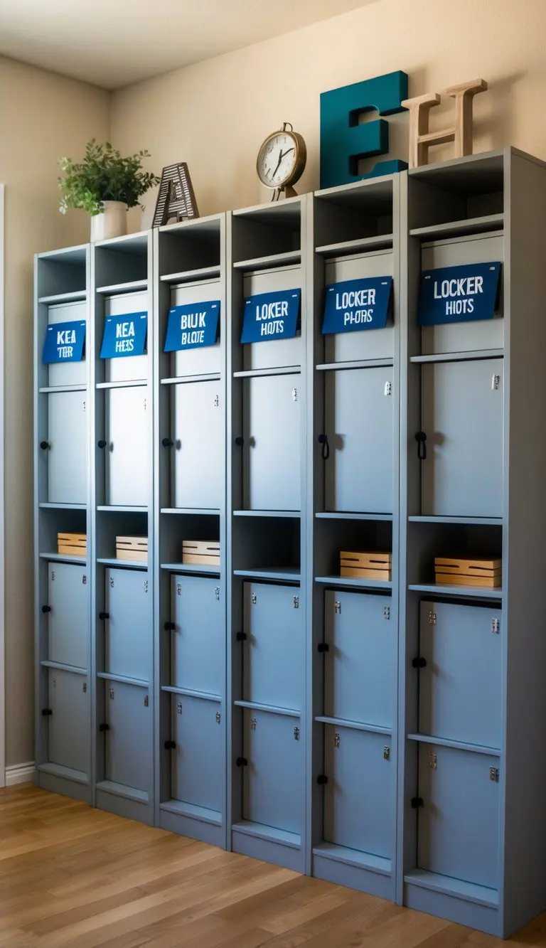 IKEA bookcases transformed into lockers with labeled compartments and hooks for organization