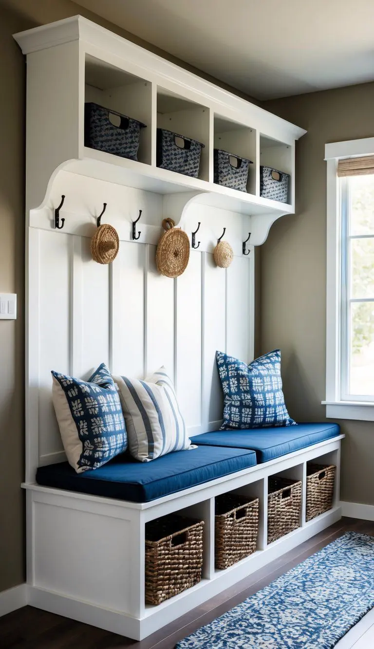 An IKEA base unit is transformed into a bench with built-in storage. Pillows, baskets, and hooks add functionality and style to the mudroom