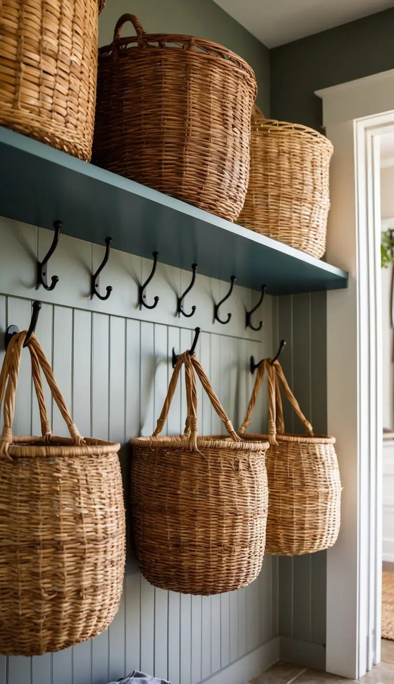 Rattan baskets hang on wall hooks in a cozy mudroom, adding a rustic touch to the organized space