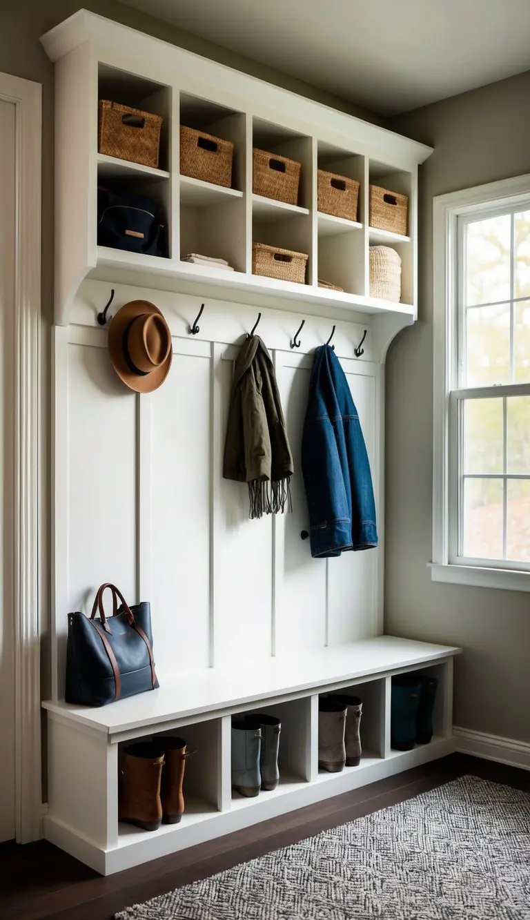 A cozy mudroom with a DIY bench made from IKEA Hemnes, featuring storage cubbies and hooks for hanging coats and bags