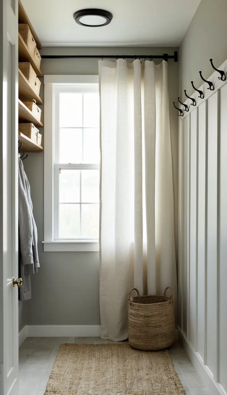 A linen curtain is installed to conceal clutter in a mudroom, with hooks and shelves from Ikea