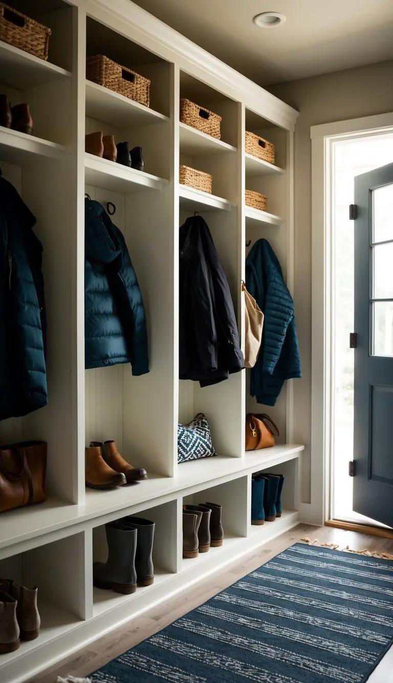 A cozy mudroom with built-in shelves made from IKEA Billy bookcases, neatly organizing shoes, jackets, and bags