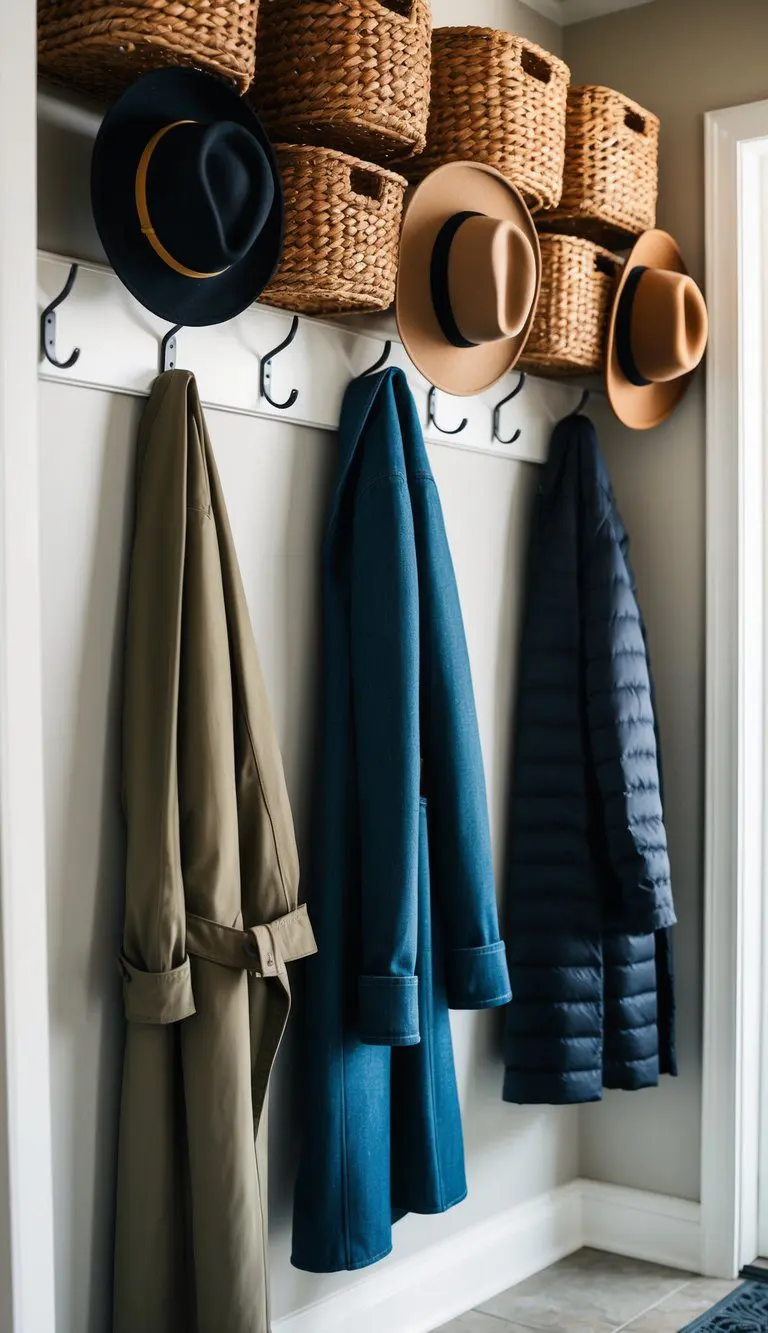 Coats and hats hanging on repurposed baskets as hooks in a mudroom