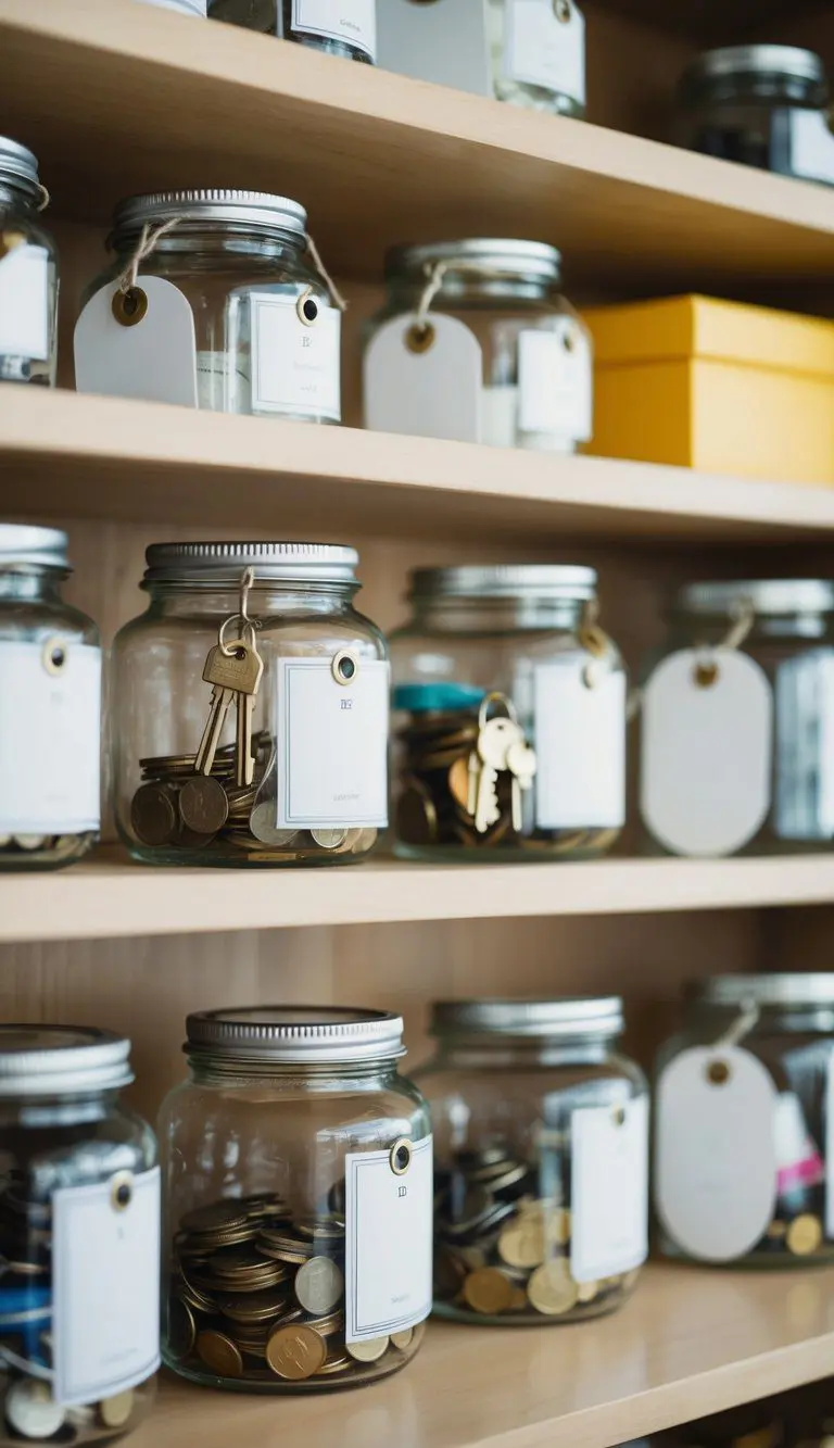 Glass jars neatly arranged on shelves, filled with small items like keys and coins. Labels or tags can be seen for organization