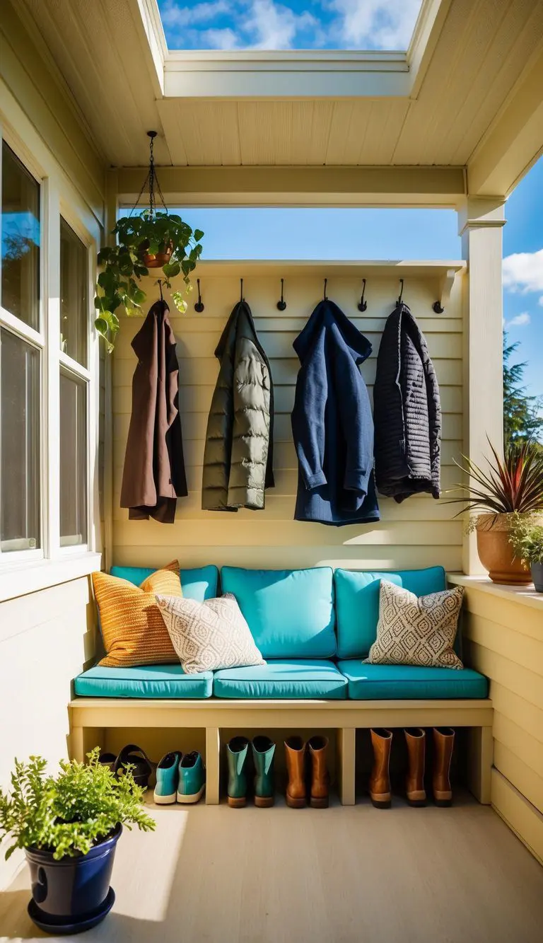 A sunlit sunroom with built-in storage and seating, featuring hooks for coats and shelves for shoes, plants, and outdoor gear
