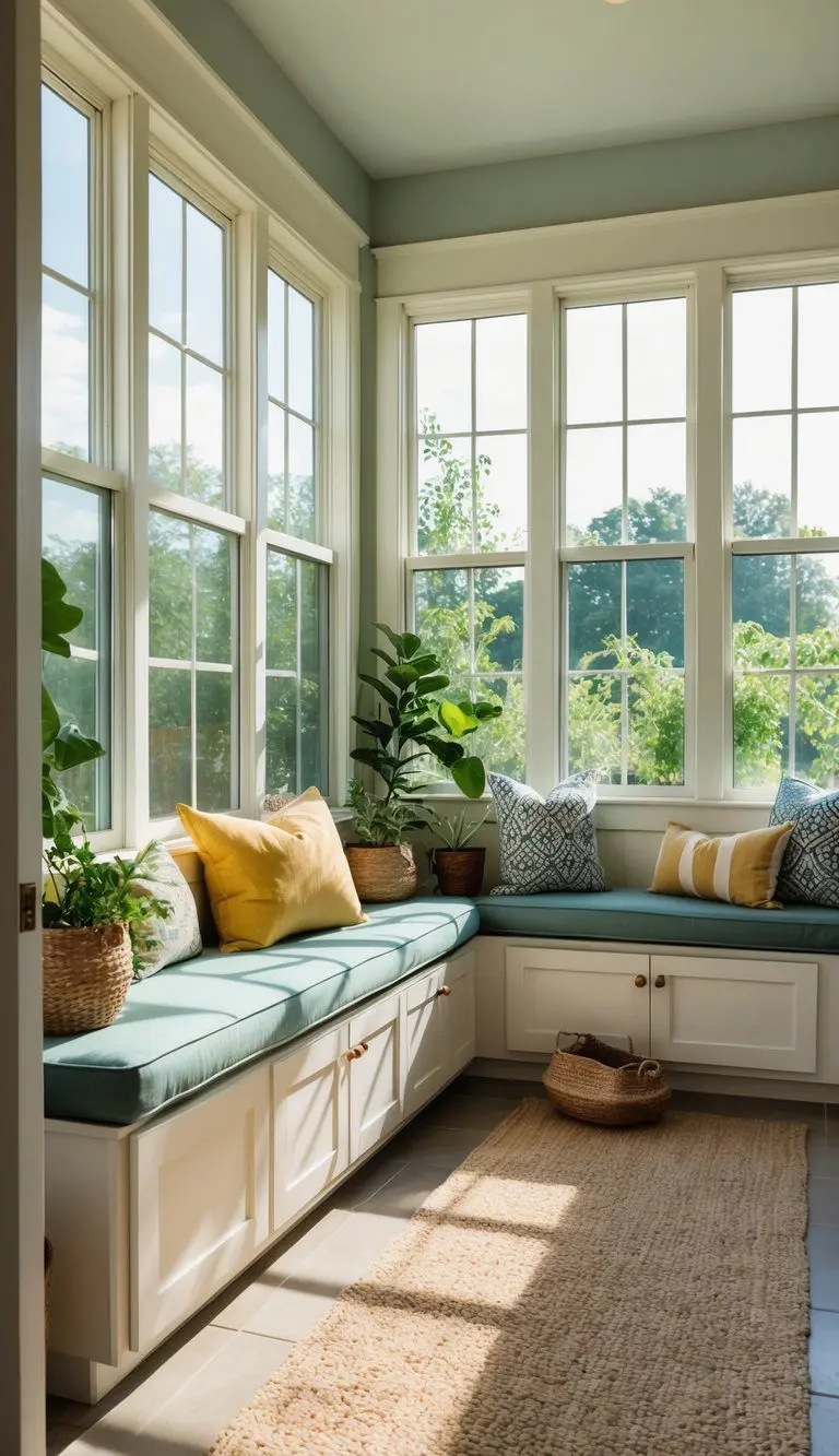 A sunroom-mudroom combo with large windows flooding the space with natural light, featuring plants, storage, and seating