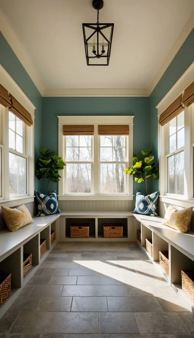 A sunlit room with built-in benches and storage, plants, and a mix of mudroom and sunroom decor