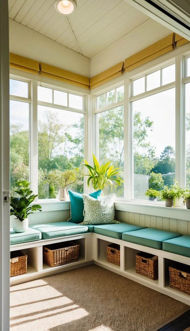A bright sunroom with built-in storage and seating, accented with plants and natural light