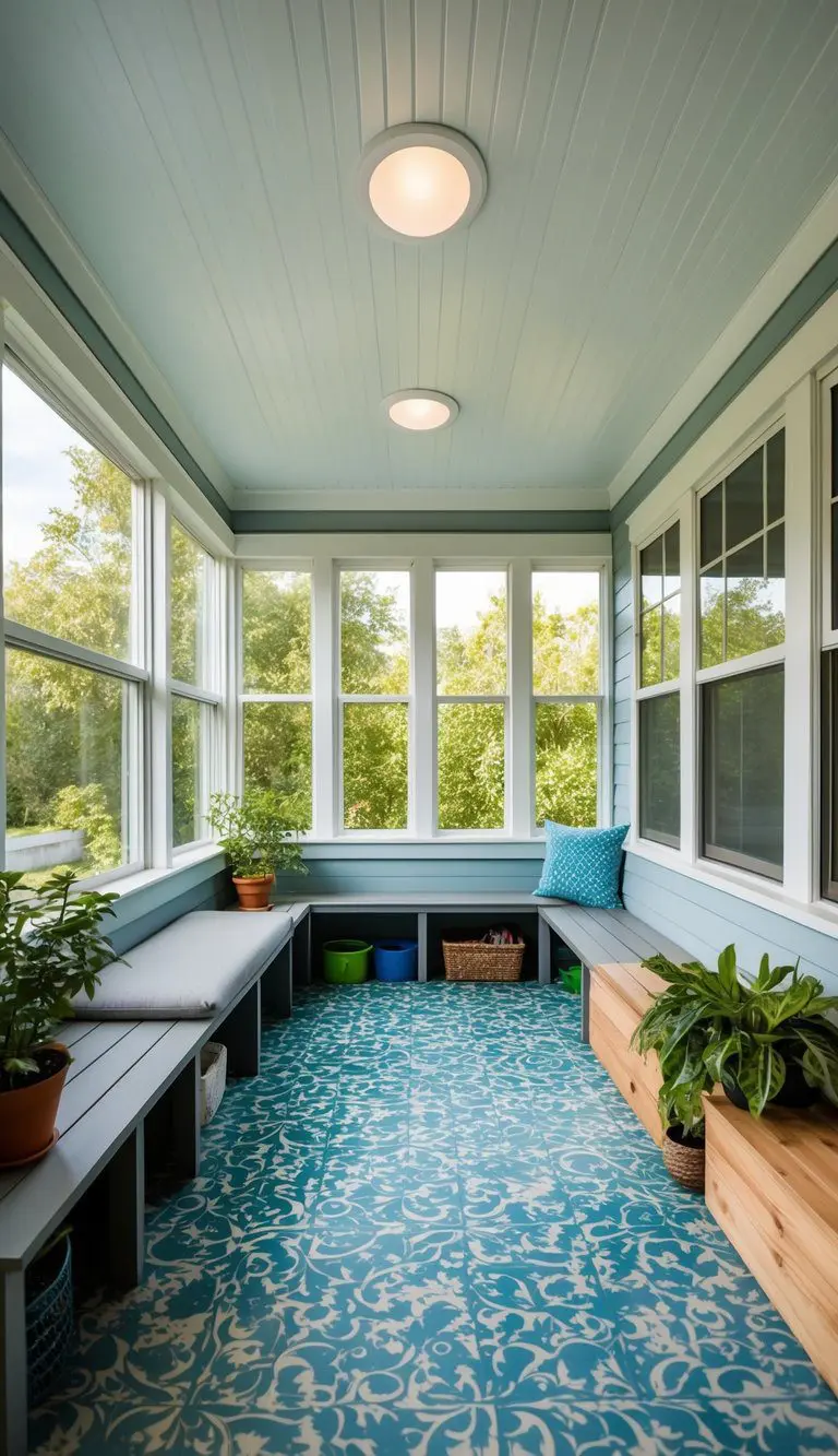 A sunroom-mudroom combo with durable, easy-to-clean flooring, large windows, and storage for outdoor gear and plants