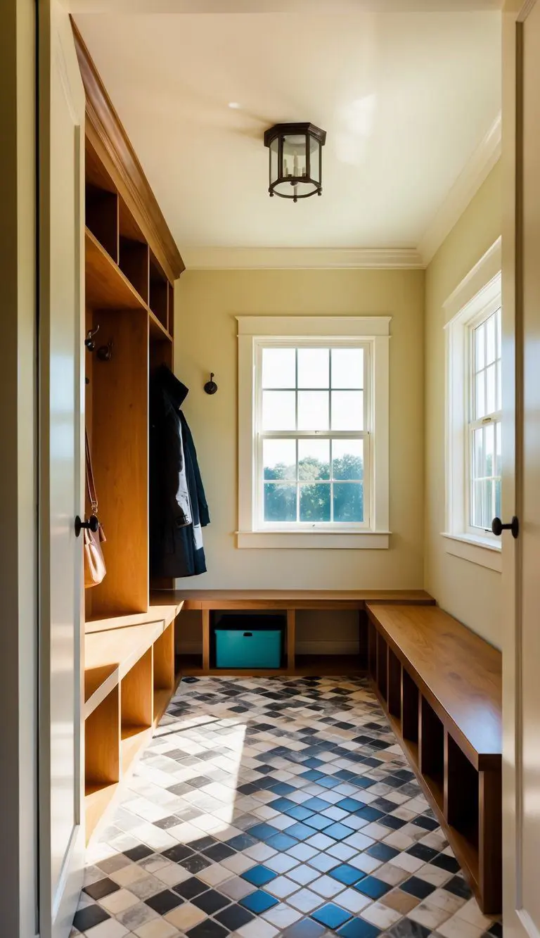 A sunlit room with built-in shelving and coat hooks, leading into a tiled mudroom with storage benches and hanging space