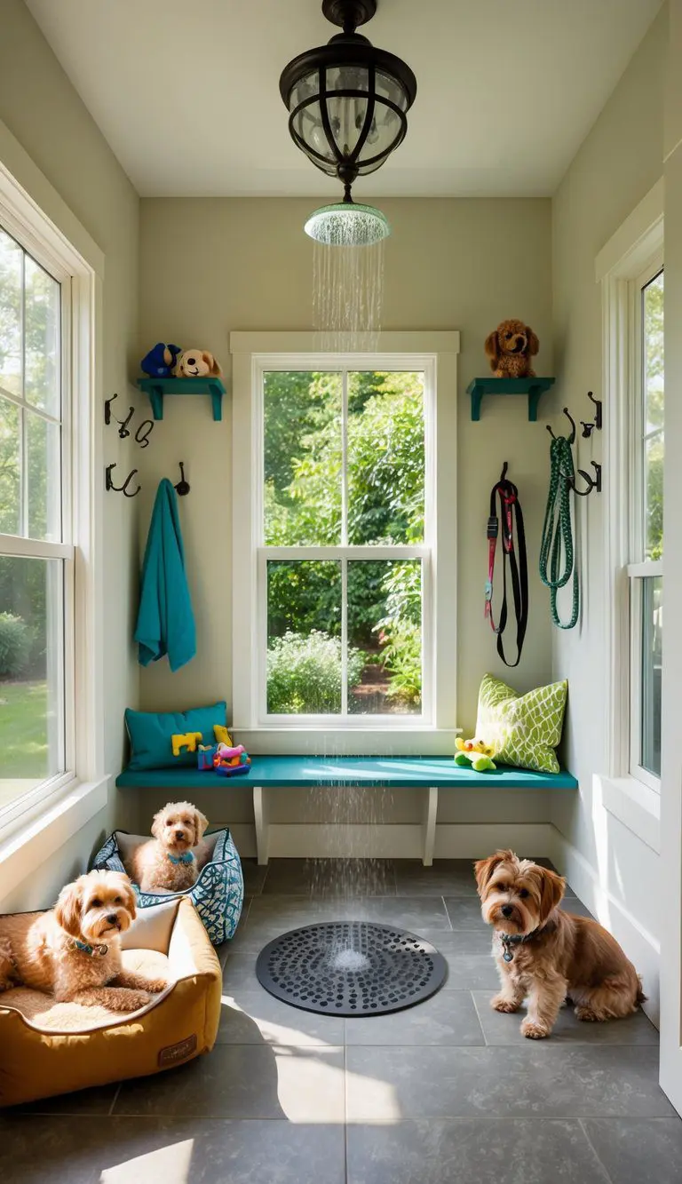 A sunlit mudroom with pet beds, toys, and a built-in pet shower. Windows overlook a lush garden, while hooks and shelves organize leashes and supplies