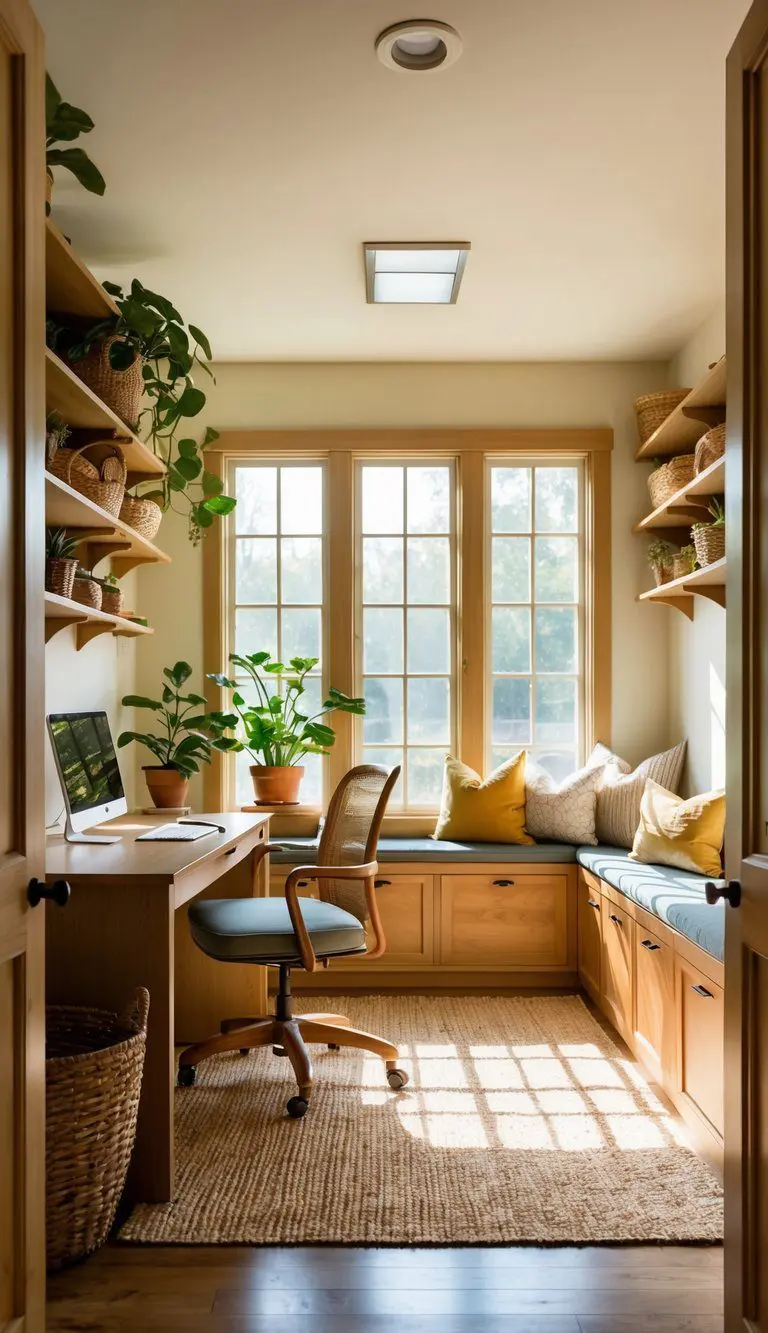 A cozy sunlit space with a desk, shelves, and a comfortable chair. Potted plants and natural materials add warmth to the mudroom-sunroom combo