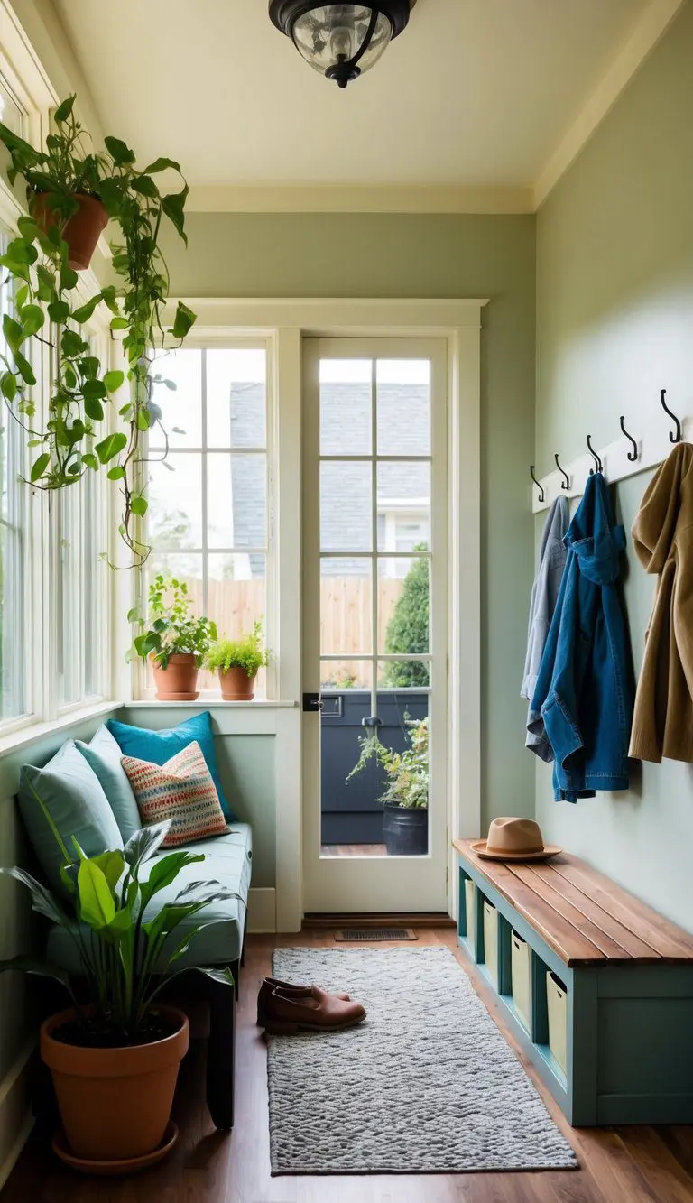A sun-drenched sunroom with potted plants and cozy seating transitions into a functional mudroom with hooks, storage bins, and a bench for changing shoes