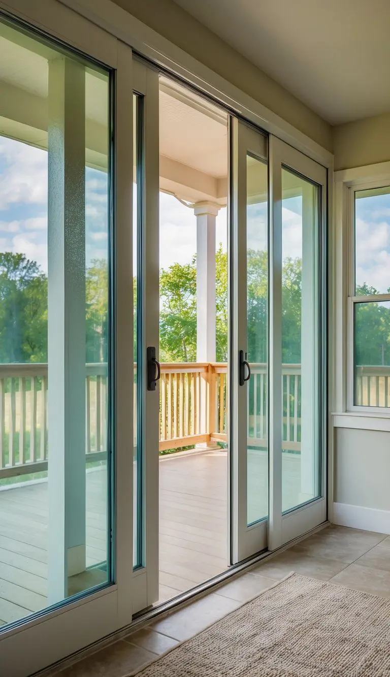 Sliding doors connect a sunroom and mudroom, allowing natural light to flow through the space. Outdoor elements are visible through the glass while maintaining a clear separation between the two areas