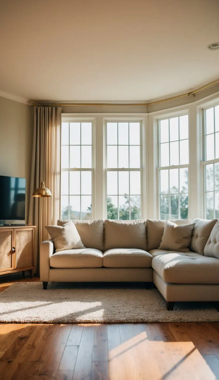 A cozy living room with a plush beige sofa, warm wood floors, and sunlight streaming through large windows