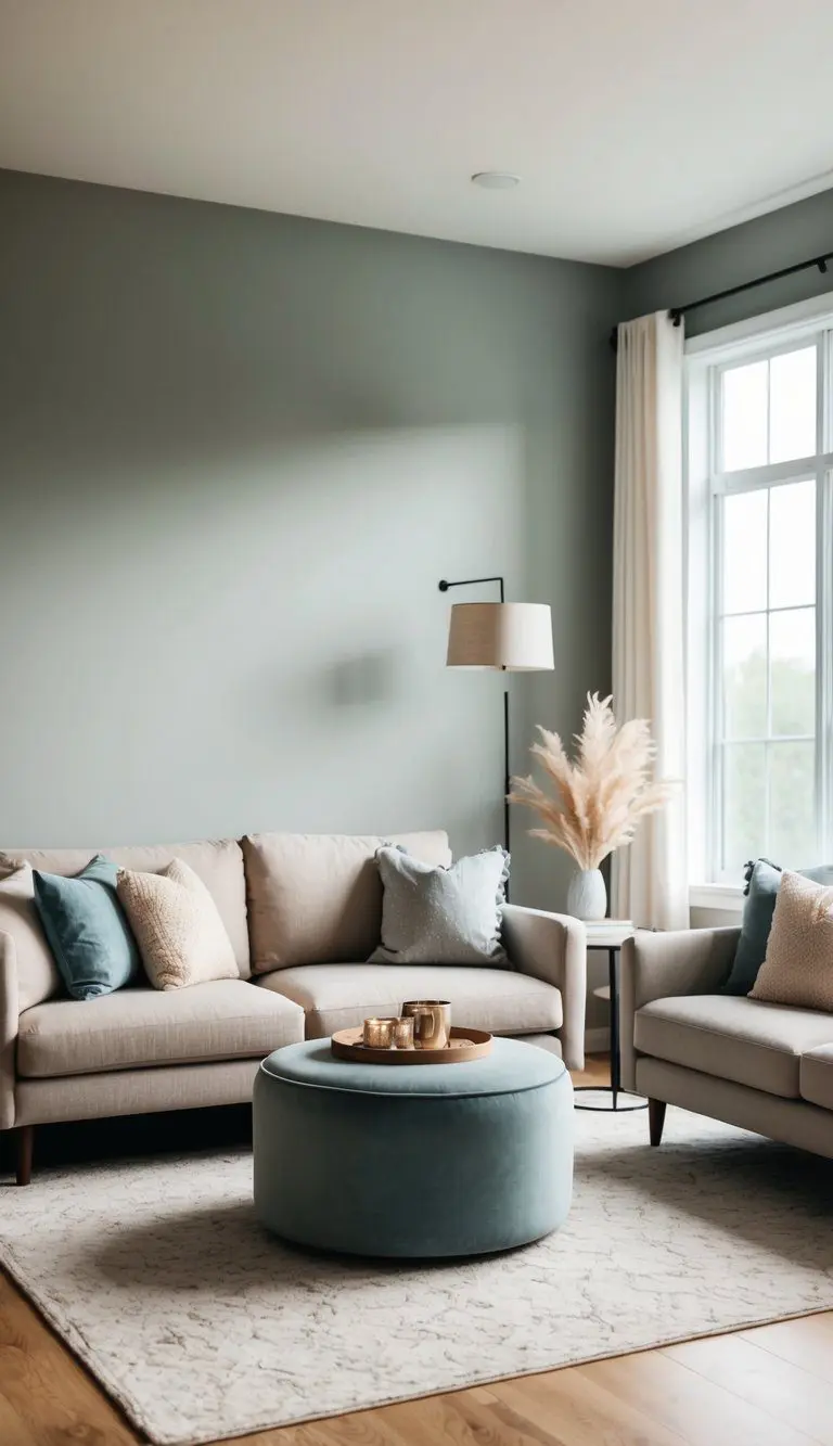 A cozy living room with soft gray walls, warm neutral furniture, and cool accents. Natural light floods the space, creating a perfect balance of warmth and coolness