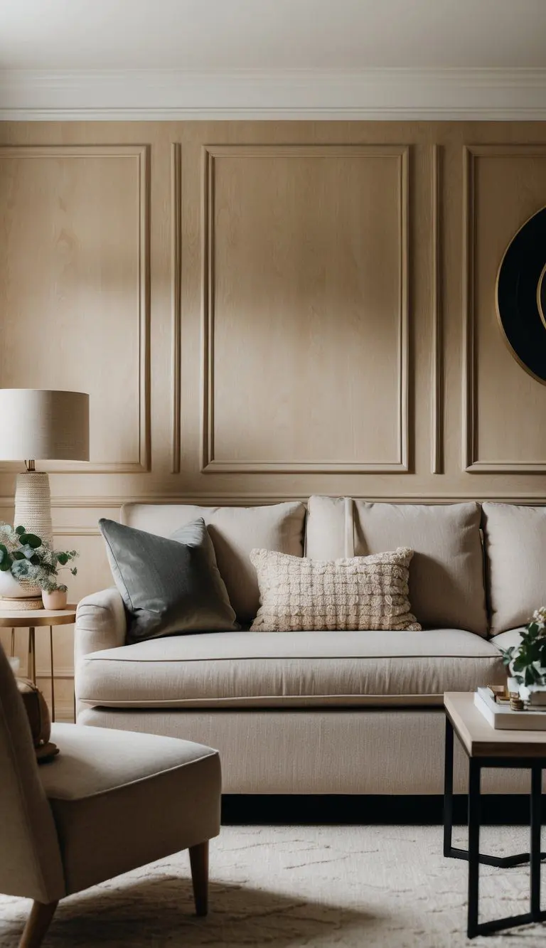 A cozy living room with a pale oak wall, warm neutral furniture, and subtle pops of sophistication in the decor
