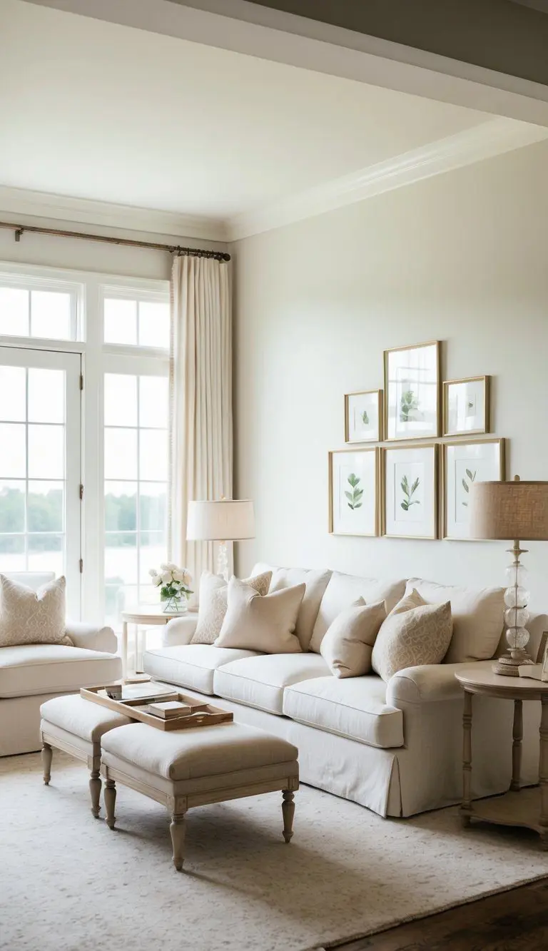 A serene living room with Egret White walls, warm neutral furniture, and accents of elegance