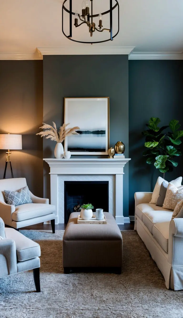 A cozy living room with a bold Revere Pewter accent wall, classic neutral furniture, and warm natural lighting