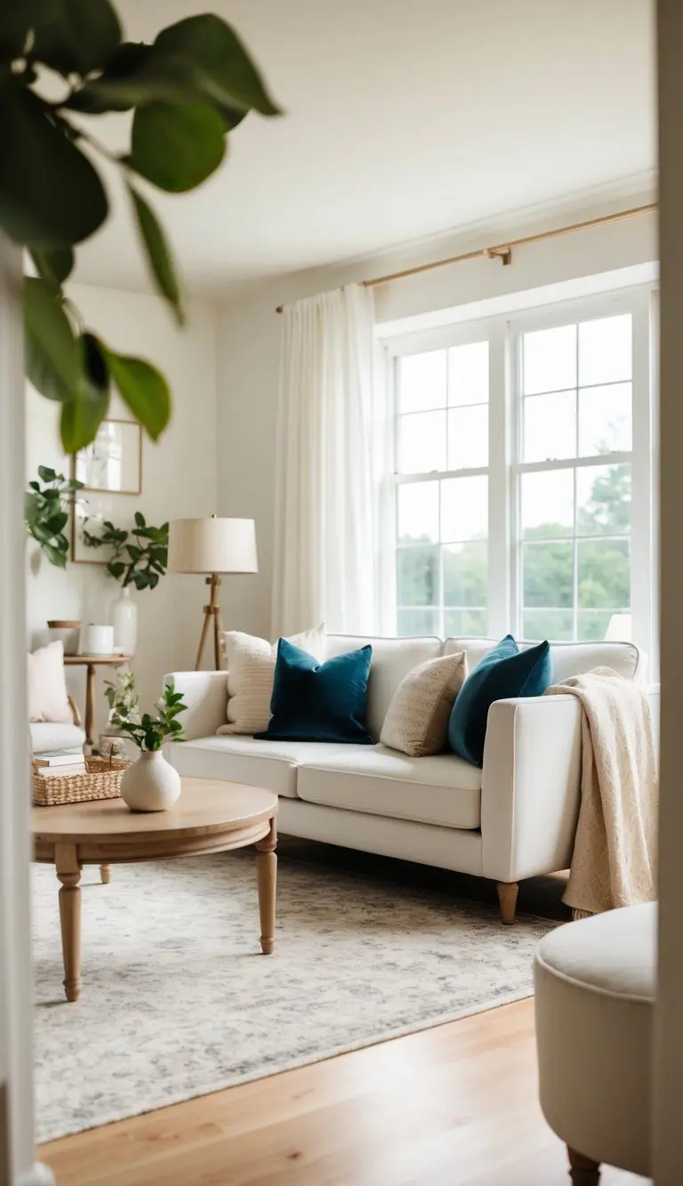 A cozy living room with soft white walls, warm neutral furniture, and natural light streaming in through the windows