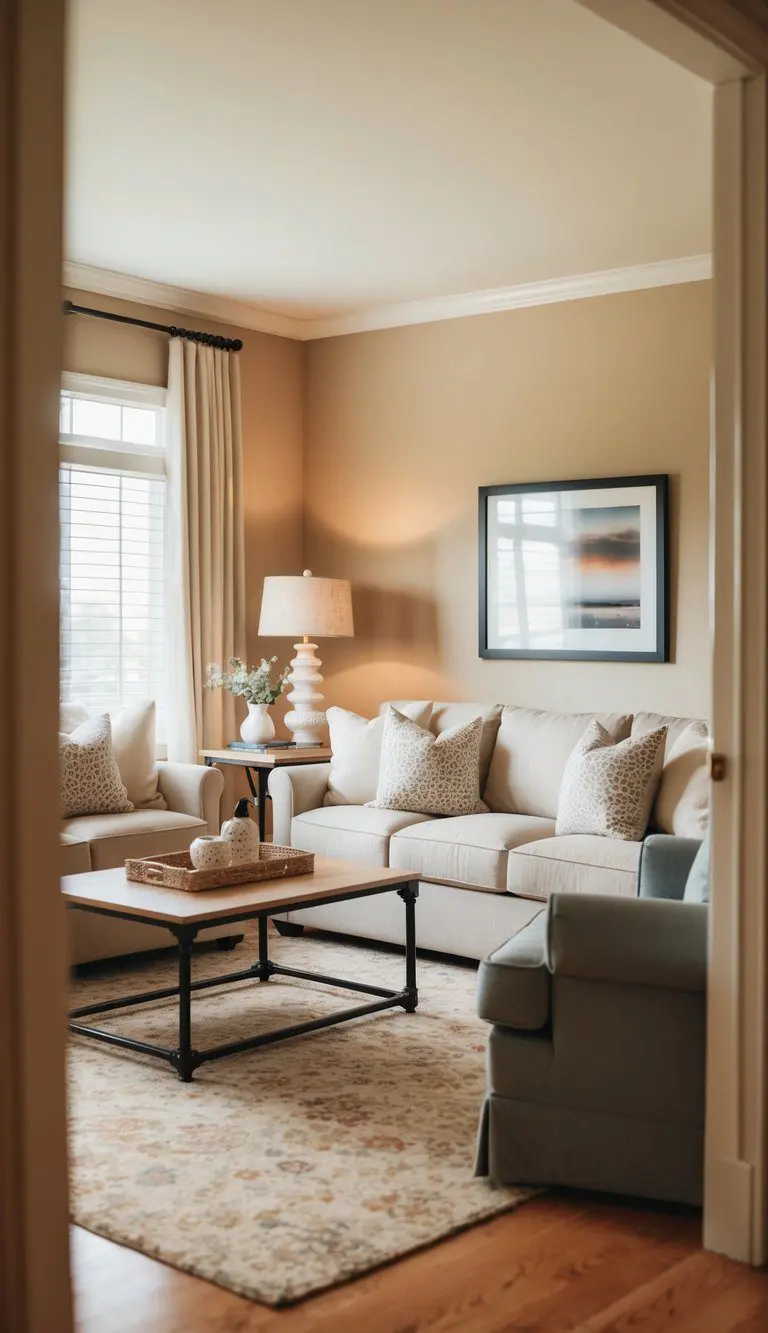 A cozy living room with warm neutral walls, soft lighting, and inviting furniture