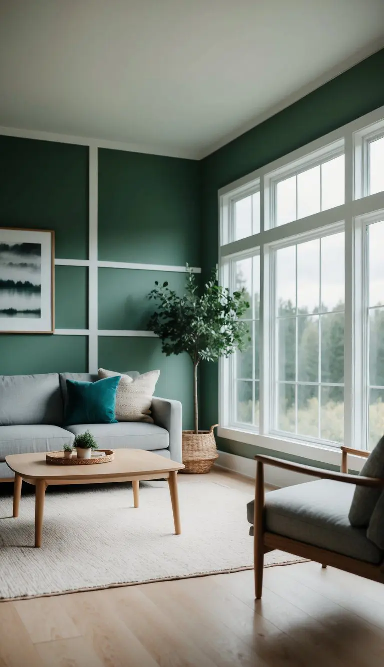 A serene living room with Evergreen Fog walls paired with Shoji White trim, featuring minimalist furniture and natural light streaming in through large windows