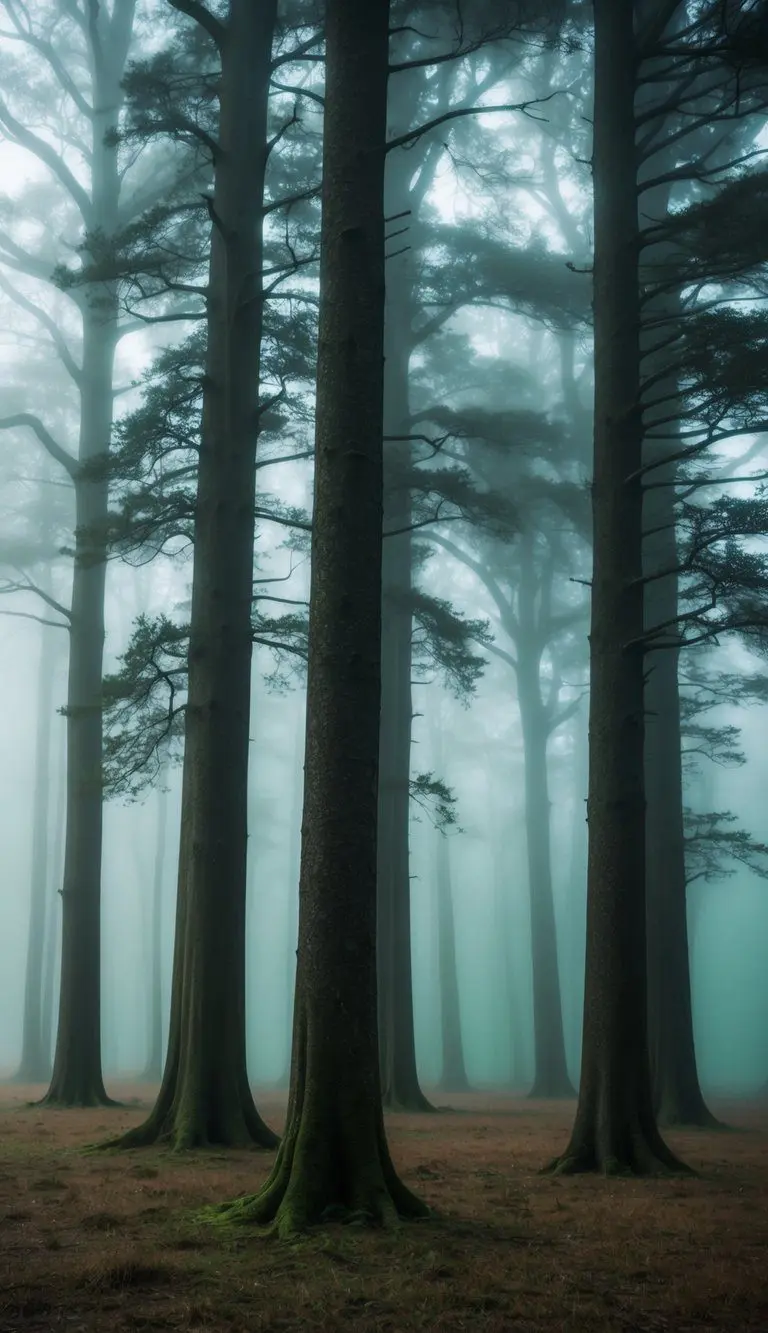 A misty forest with towering bronze trees, shrouded in a deep green fog, creating an ethereal and mysterious atmosphere