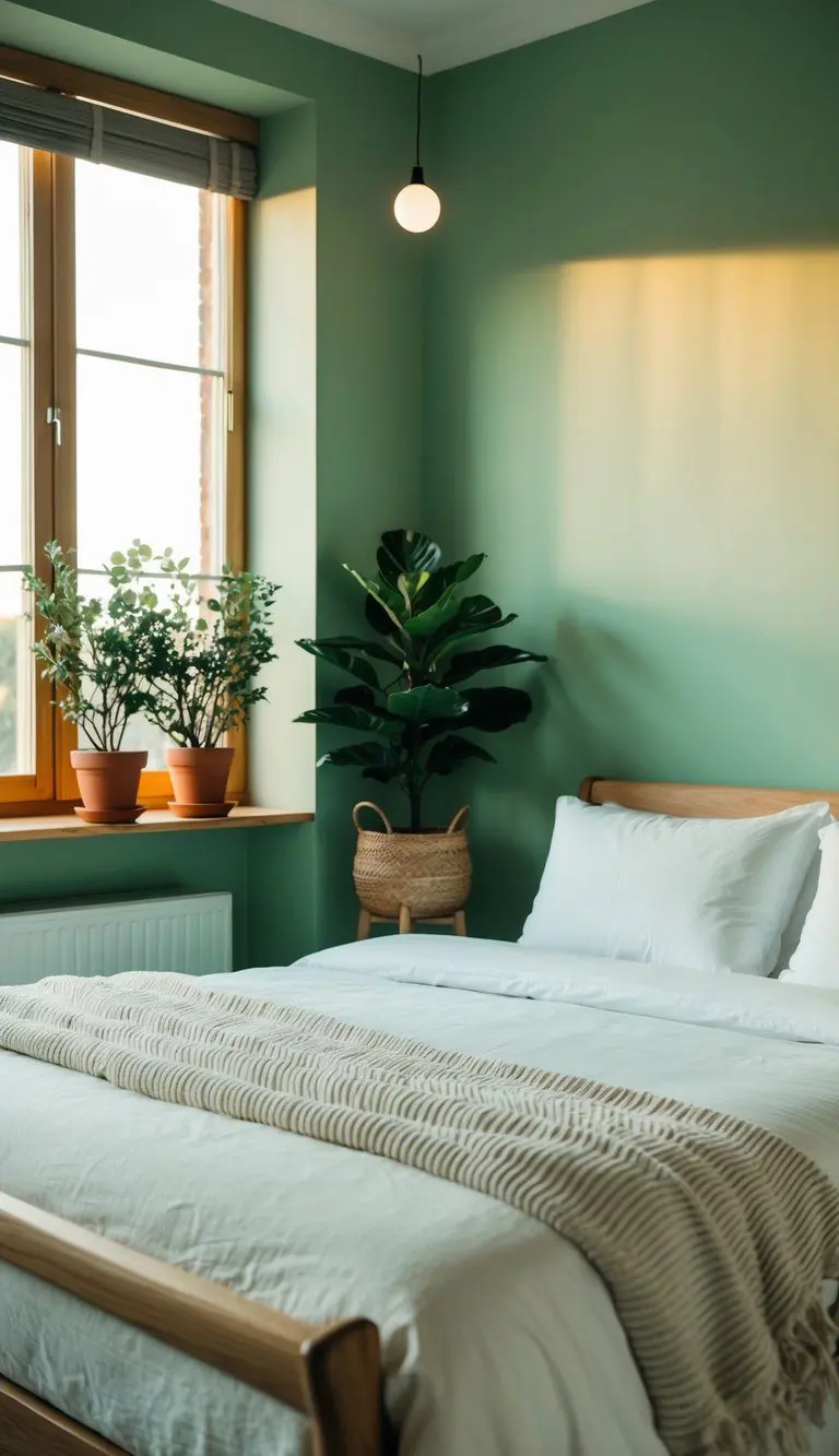 A cozy bedroom with soft green walls, white linens, and natural wood furniture. A large window lets in warm sunlight, and potted plants add a touch of nature