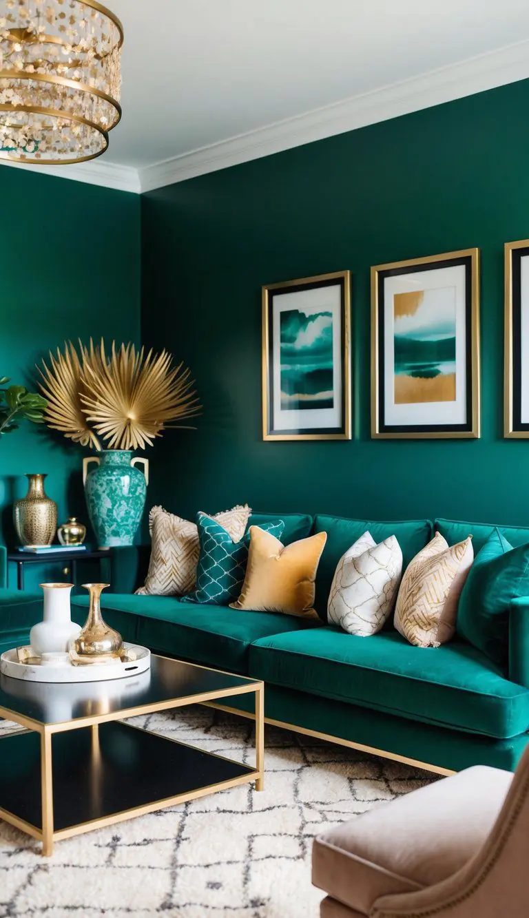 A living room with a deep green accent wall adorned with gold-framed artwork, vases, and throw pillows