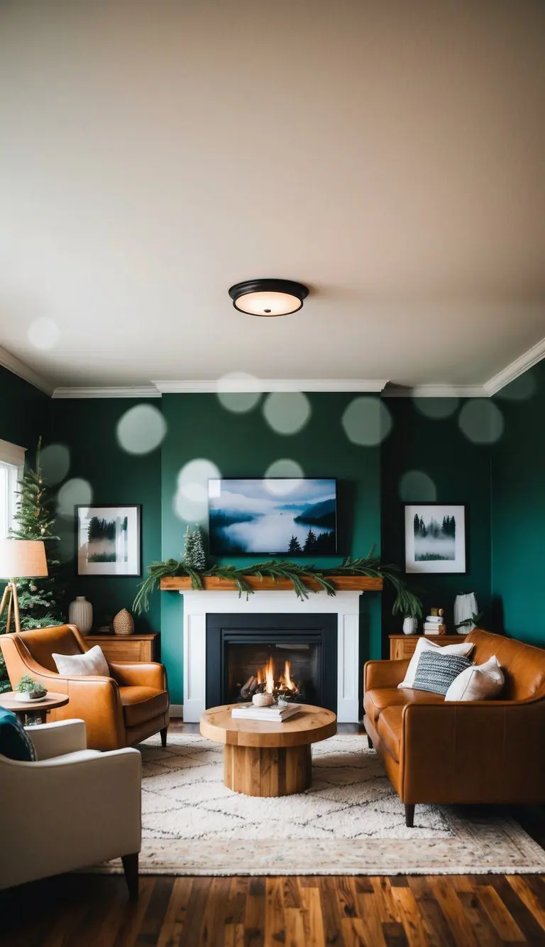 A cozy living room with a fireplace, warm-toned wooden furniture, and Evergreen Fog walls