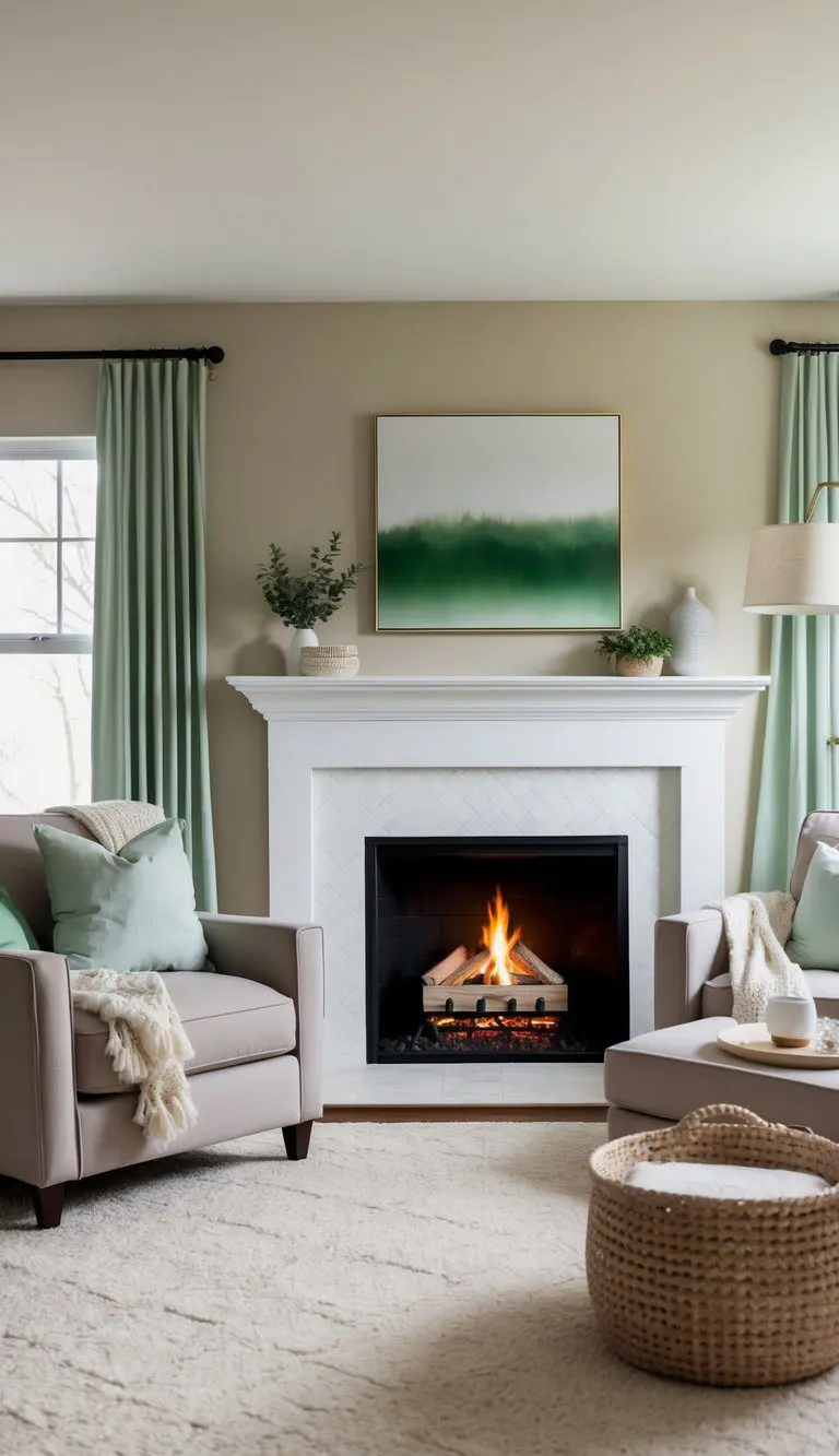 A cozy living room with muted tones of Accessible Beige and Sherwin Williams Evergreen Fog. A crackling fireplace adds warmth to the scene, while soft green accents bring a touch of nature indoors