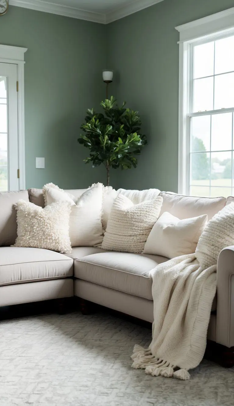 A cozy living room with alabaster-colored throw pillows and blankets, accented with Sherwin Williams Evergreen Fog walls, creating a soft and serene atmosphere