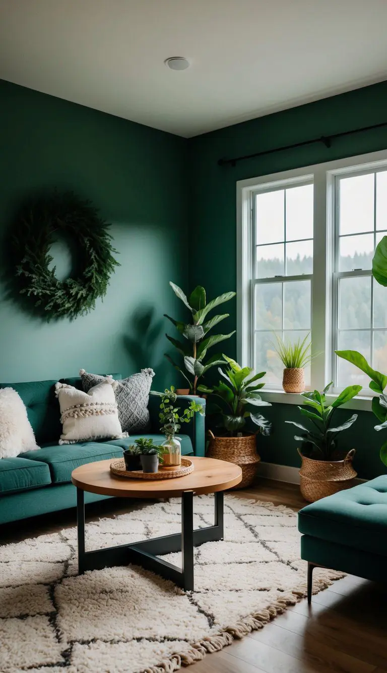 A cozy living room with Evergreen Fog walls, featuring plants, nature-inspired decor, and natural light streaming in through the windows