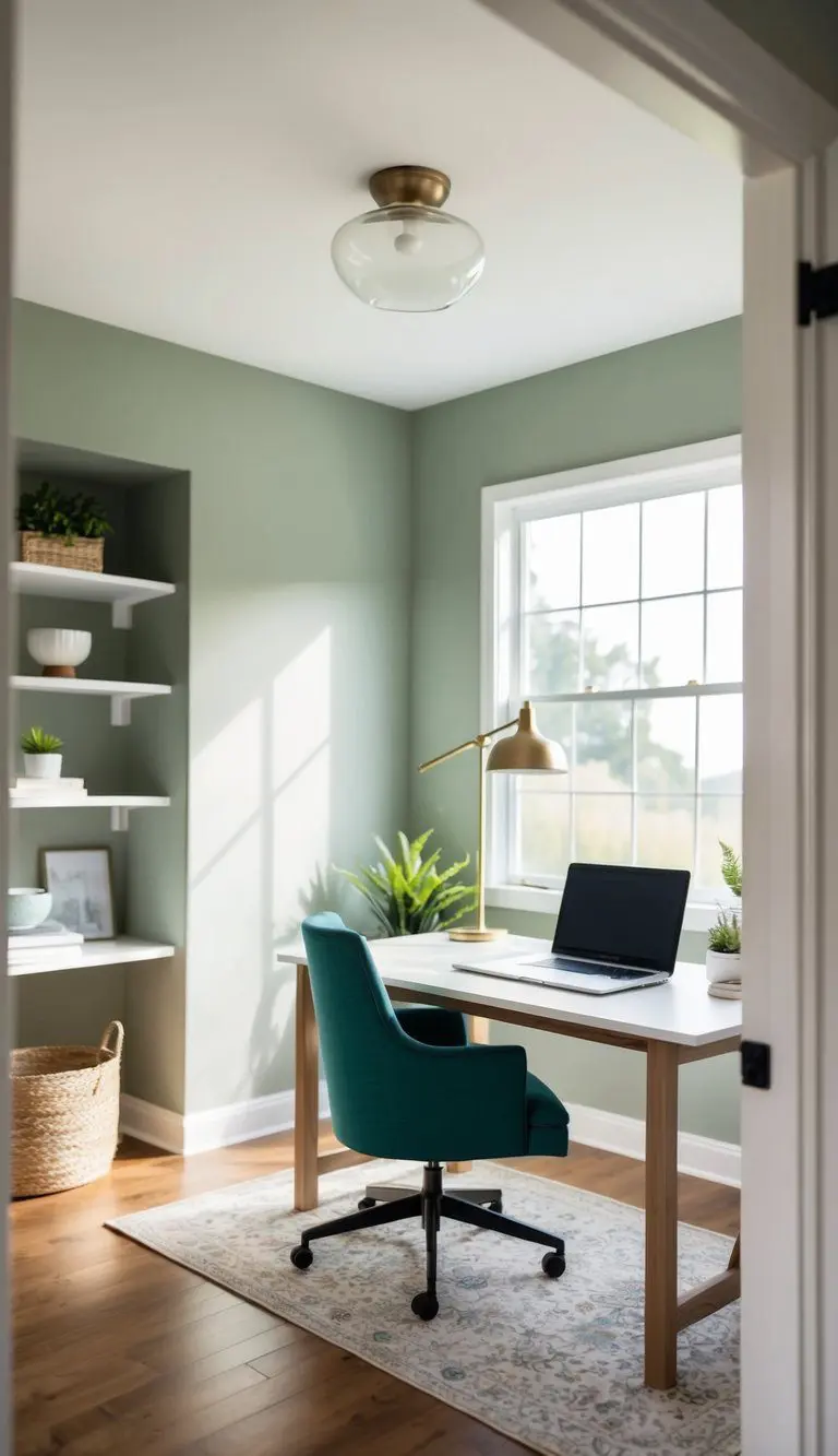 A cozy home office with a desk, chair, and shelves, bathed in natural light from a window. The walls are painted in a calming shade of Sherwin Williams Evergreen Fog