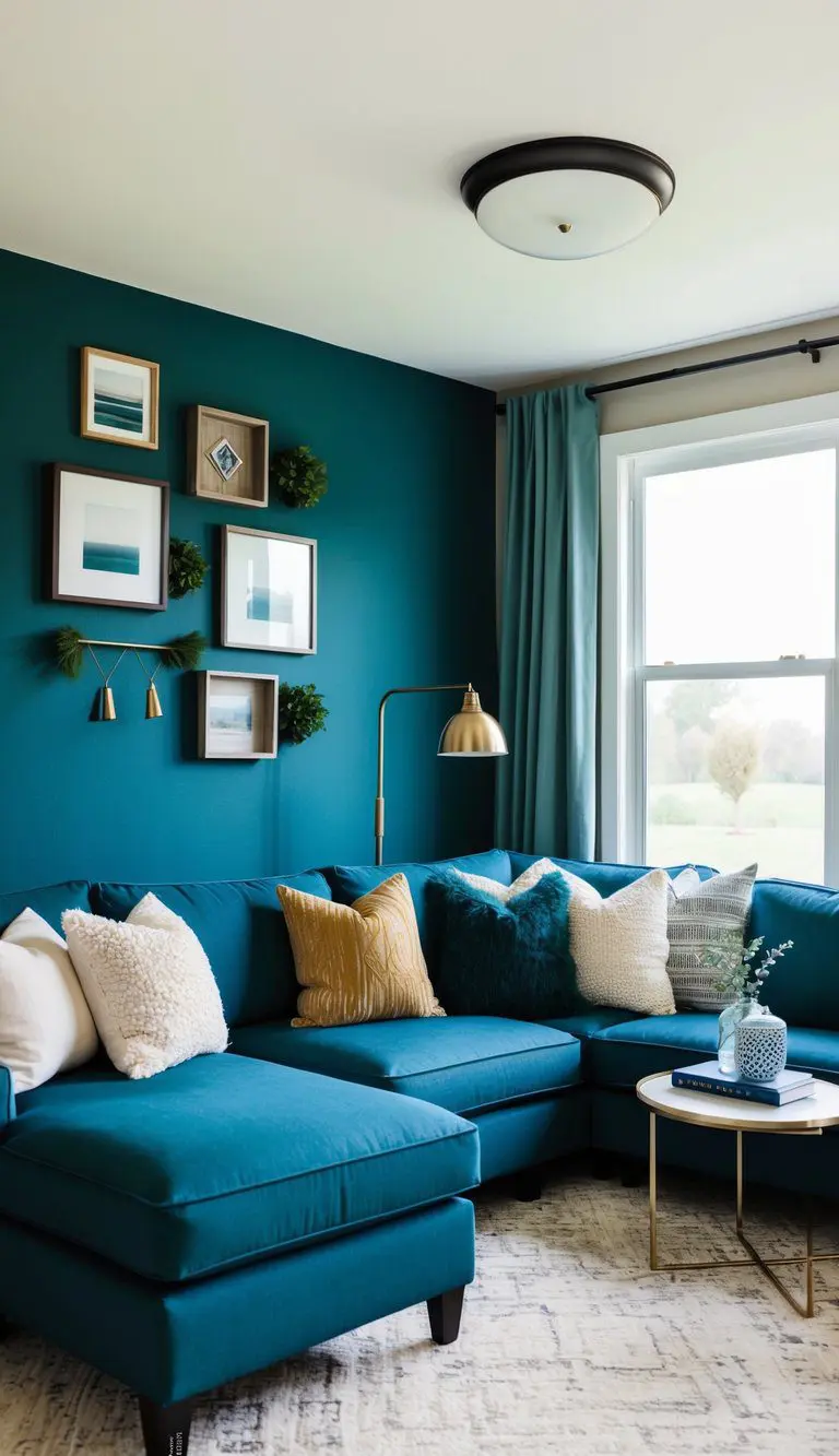 A cozy living room with a deep blue accent wall, featuring decorative elements in various shades of Sherwin Williams Evergreen Fog