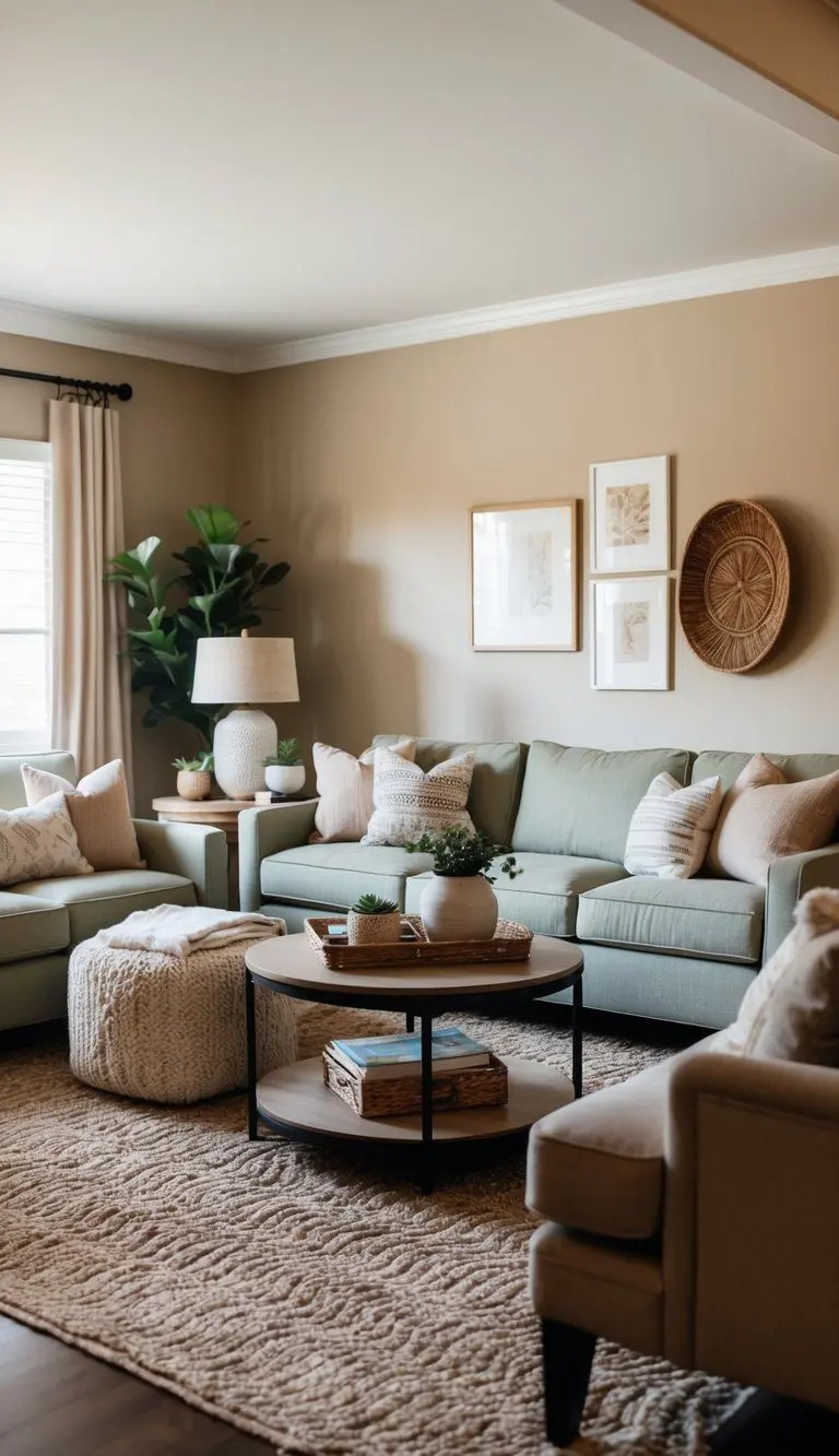 A cozy living room with earthy toned furniture and decor, walls painted in Accessible Beige by Sherwin Williams. Warm lighting adds to the inviting atmosphere