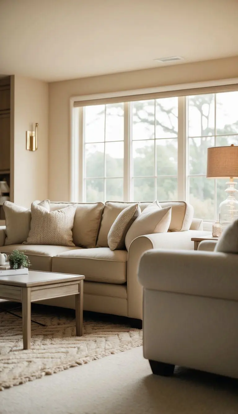 A cozy living room with a plush sofa, coffee table, and soft throw pillows, bathed in the warm, neutral tones of Accessible Beige