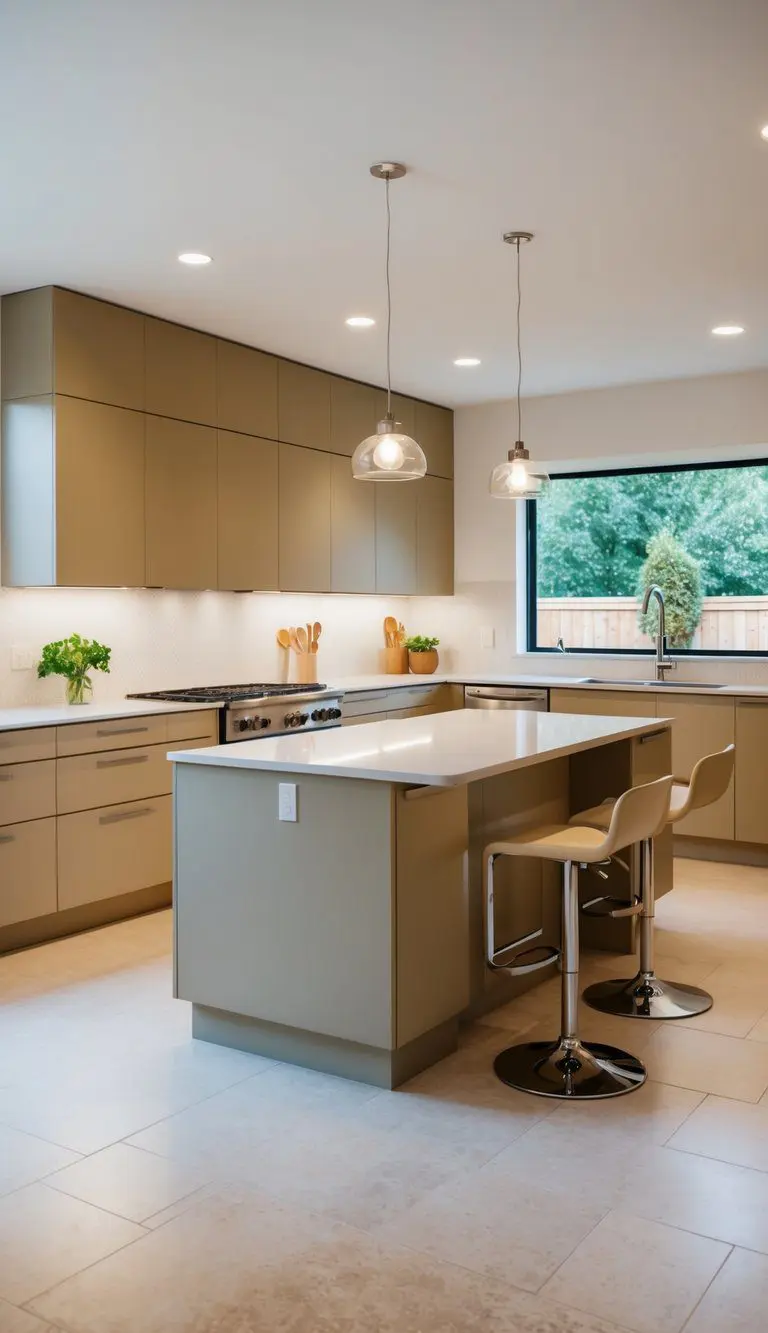 A modern kitchen with Accessible Beige cabinets and islands, featuring sleek design and natural light