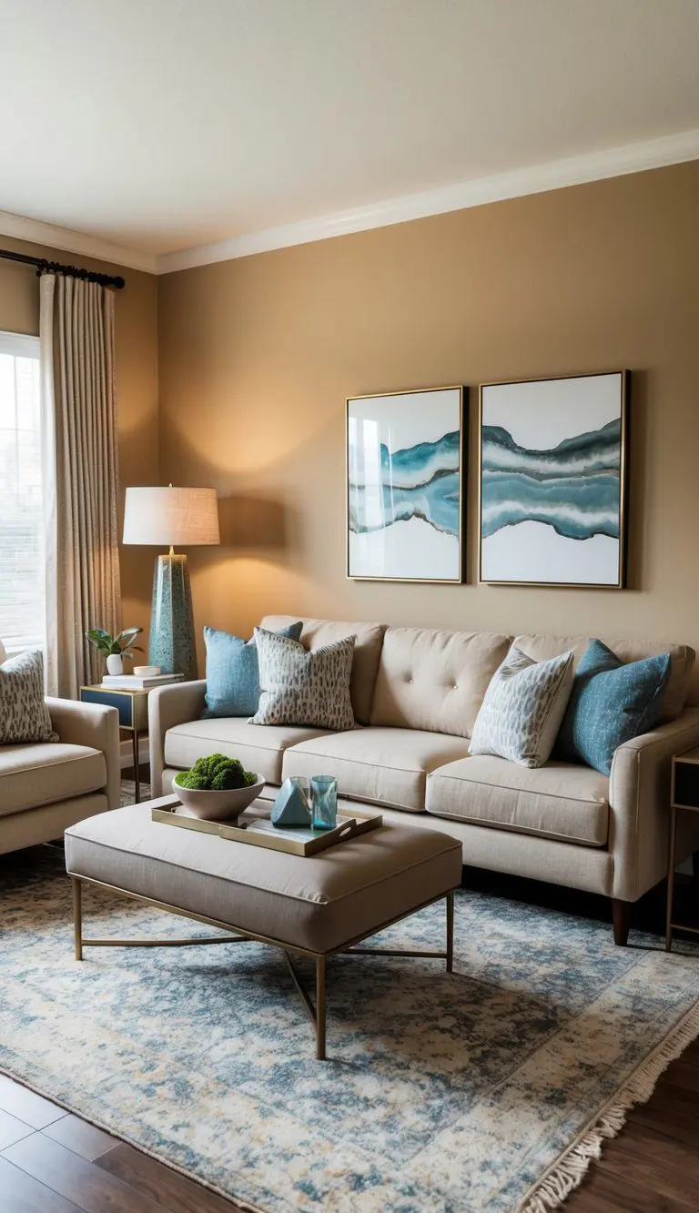 A living room with warm beige walls and Labradorite accents, such as throw pillows, curtains, and artwork