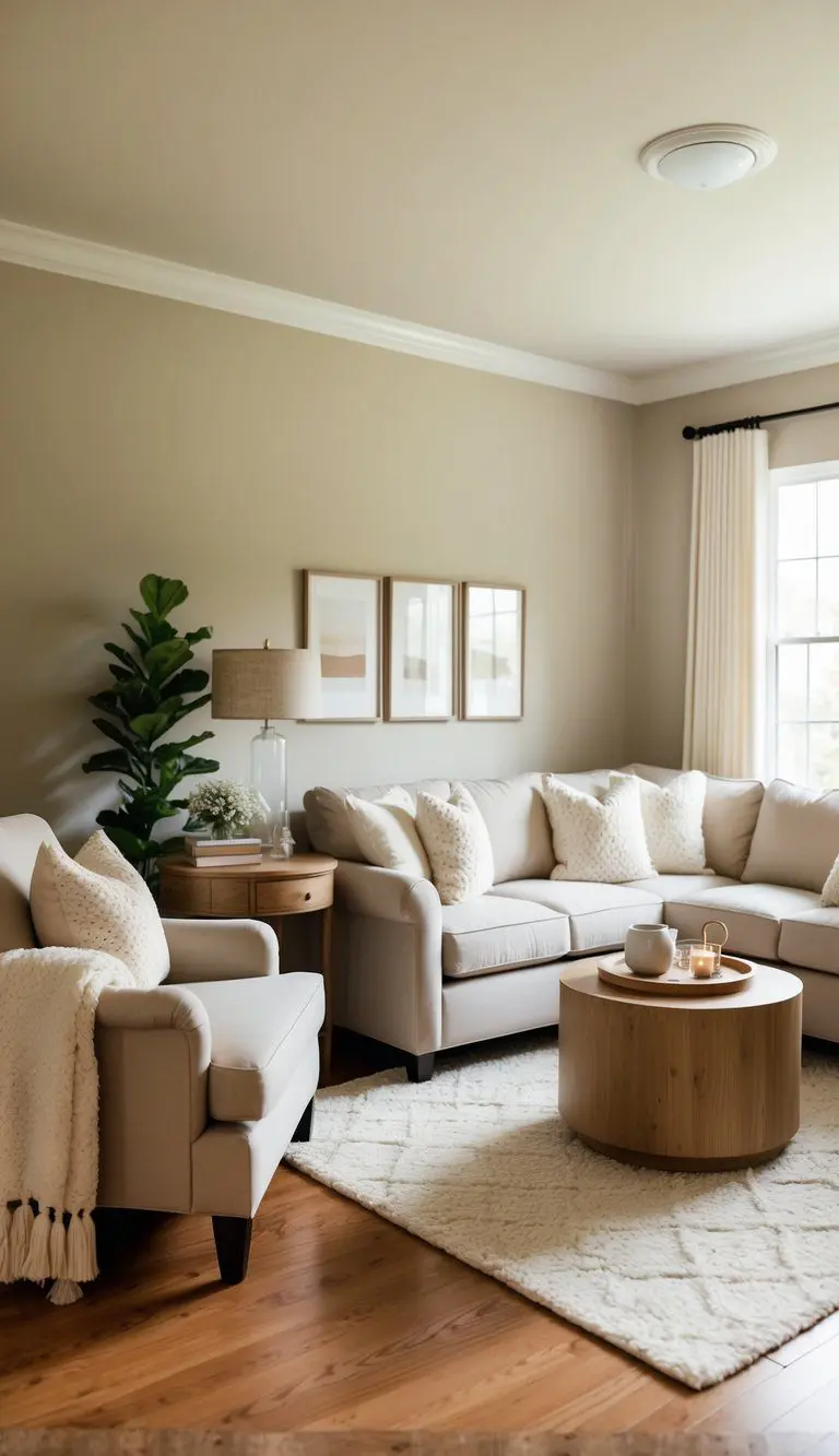 A cozy living room with soft neutral-colored walls, accented with warm wood furniture and plush cream-colored textiles