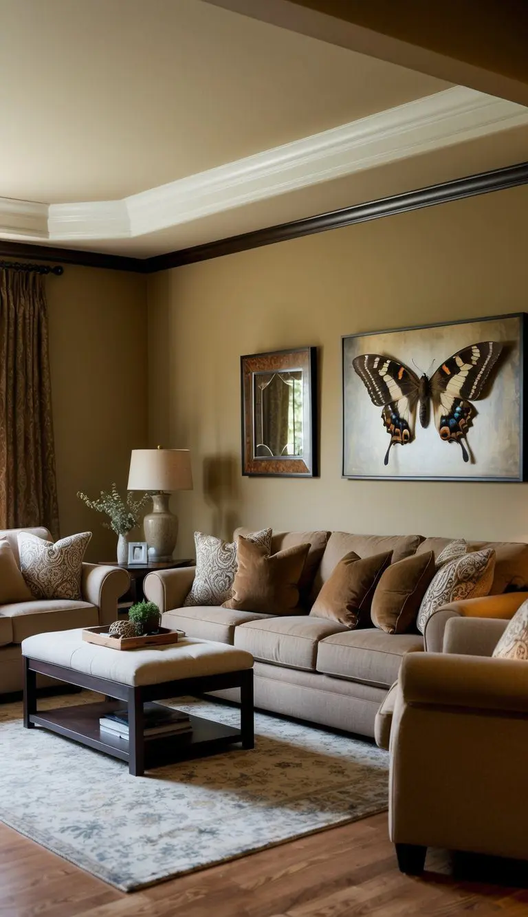 A cozy living room with warm beige walls and accents of deep iron ore and mothwing, creating a rich and inviting atmosphere