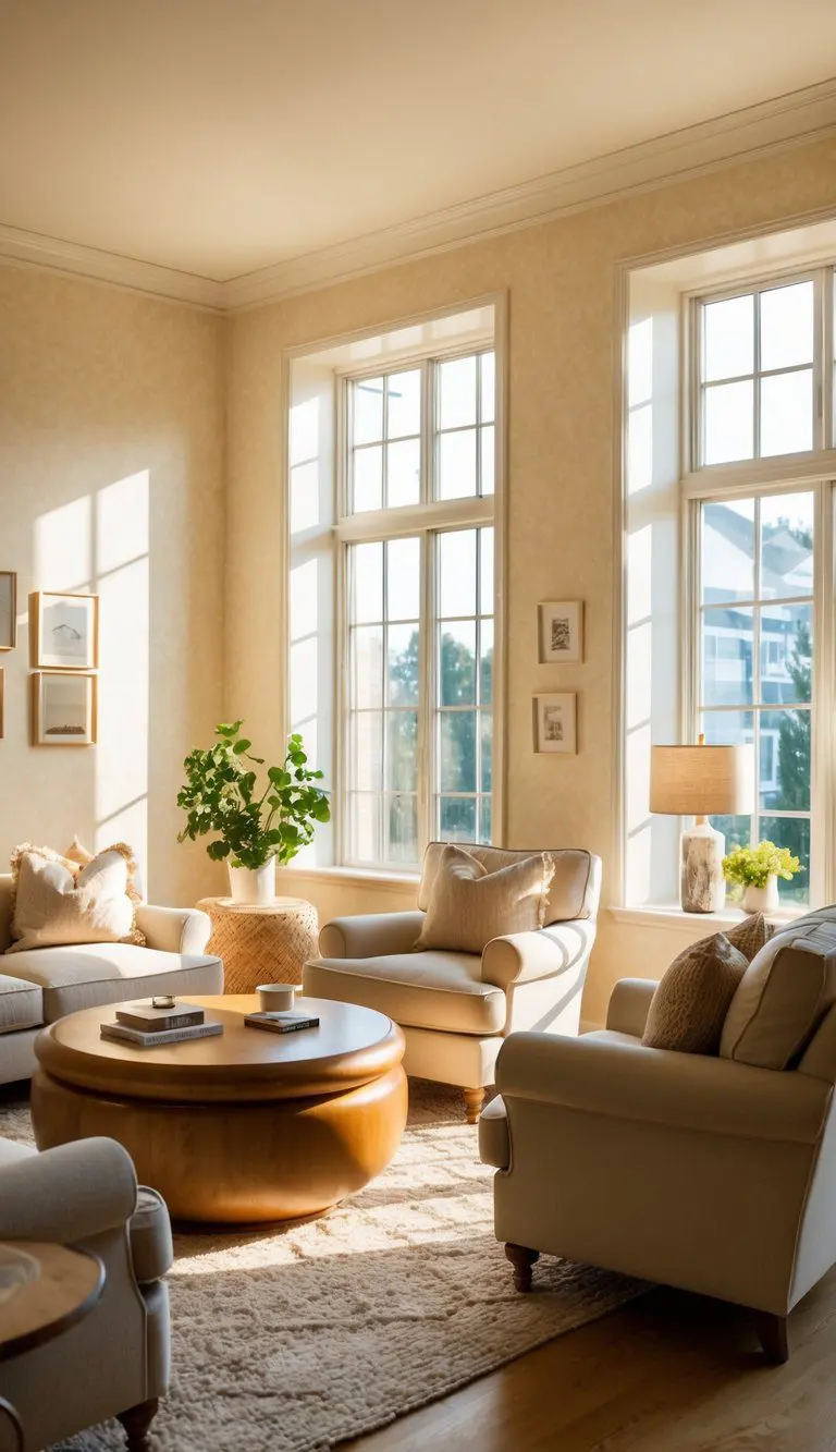 A cozy living room with Alabaster walls, warm wood furniture, and pops of Accessible Beige accents. Sunlight streams in through large windows, casting a soft glow over the inviting space