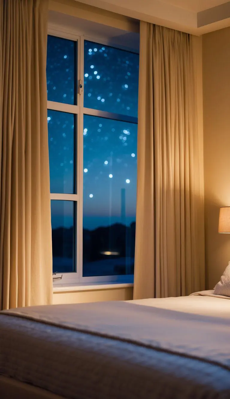 A cozy bedroom with soft beige walls, warm lighting, and a peaceful view of the stars through the window