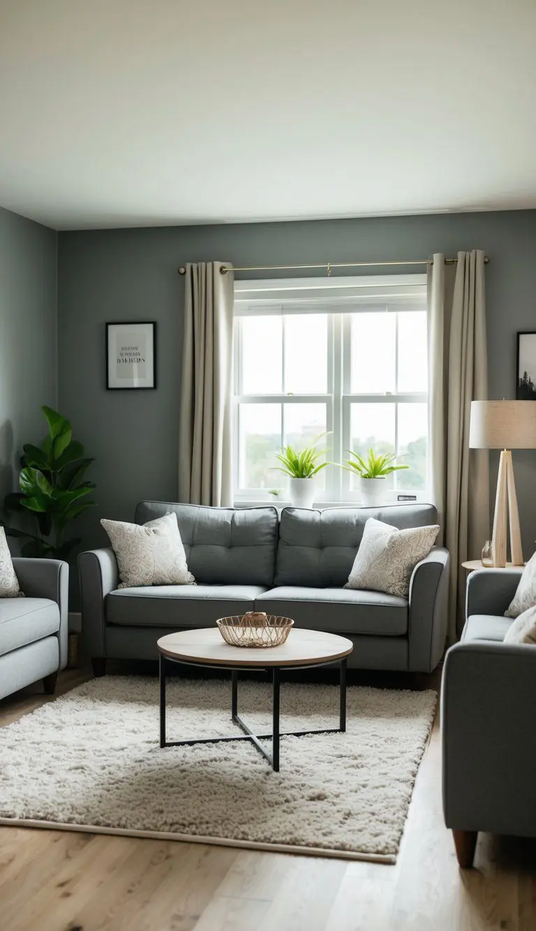 A cozy living room with Agreeable Gray walls, a comfortable sofa, and a stylish coffee table. Natural light fills the room, creating a warm and inviting atmosphere